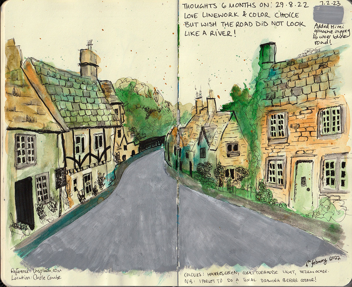 I covered the road that looked like a river with grey him gouache. I made it much worse