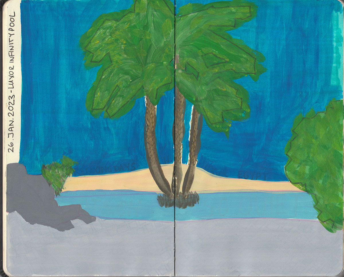 Created in a hurry in Egypt, while sat but the pool. I then used tomboy marker pens for color, hated it, changed it using Himi gouache, hated it more.