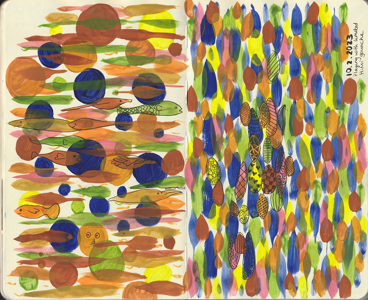 Attempt to use up Himi gouache in a sketchbook using random brush strokes