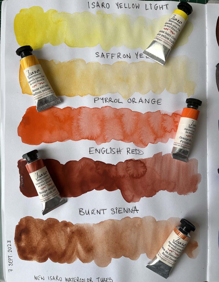 Swatching the warmer colours of my Isaro watercolor tube collection