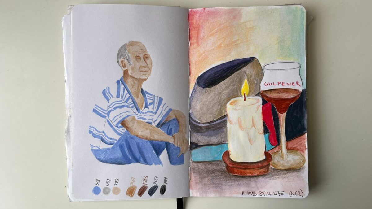 Drawing of a man using tomboys and pencil, the drawing on the right was a still life at the pub using Neocolor 2 crayons