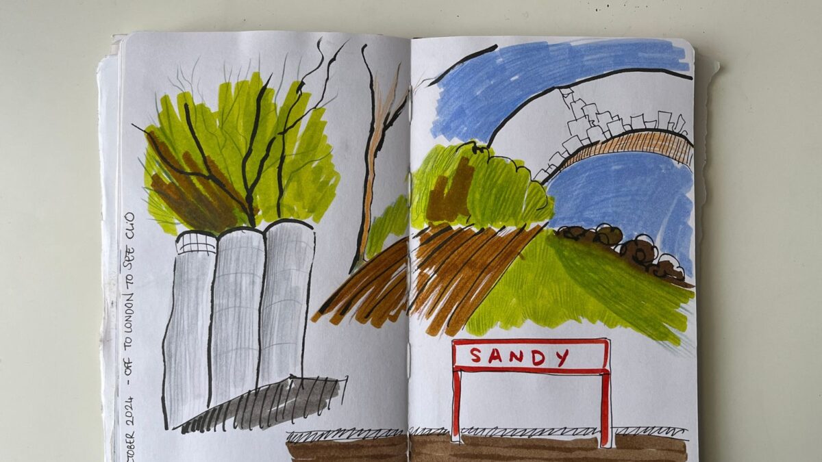 A page of quick sketches, these were done while on a train to London to meet up with a good friend. I love the brightness of the colors here.