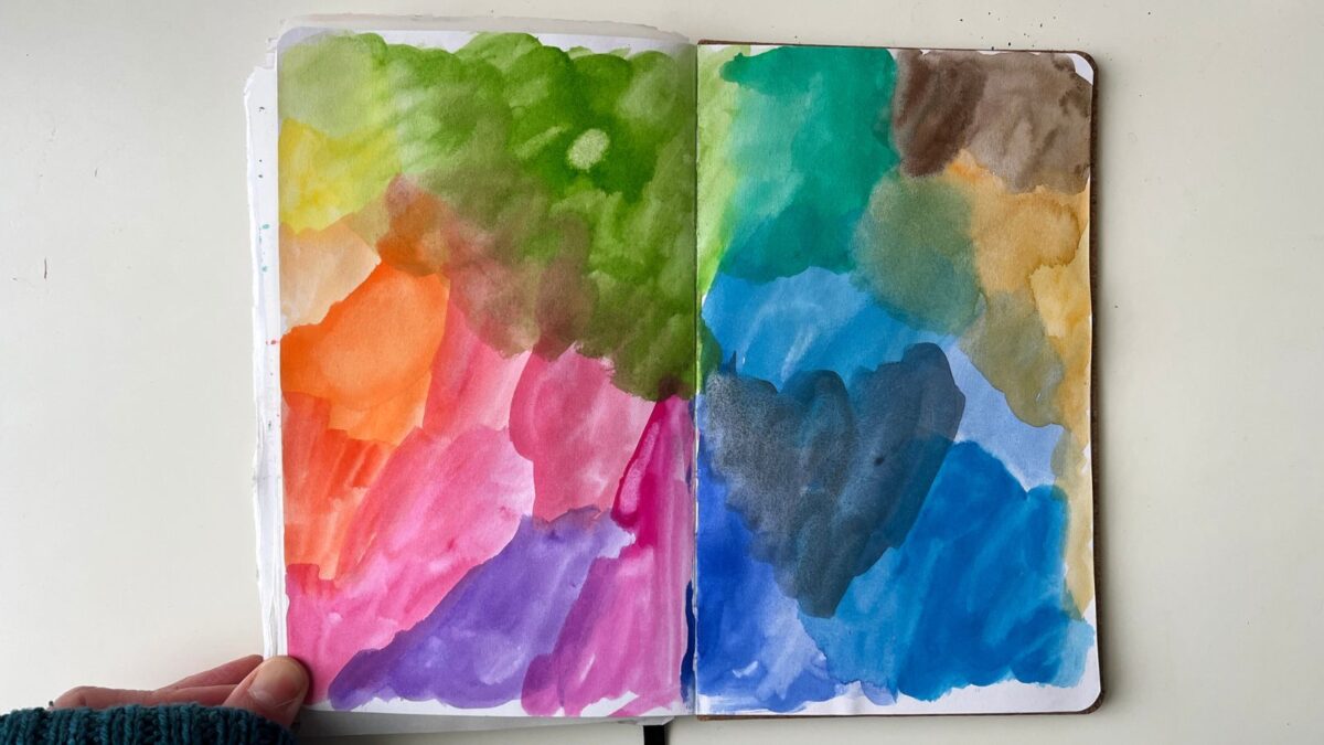 Another swatch page, at the end of this sketchbook, testing out new to me watercolor set.
