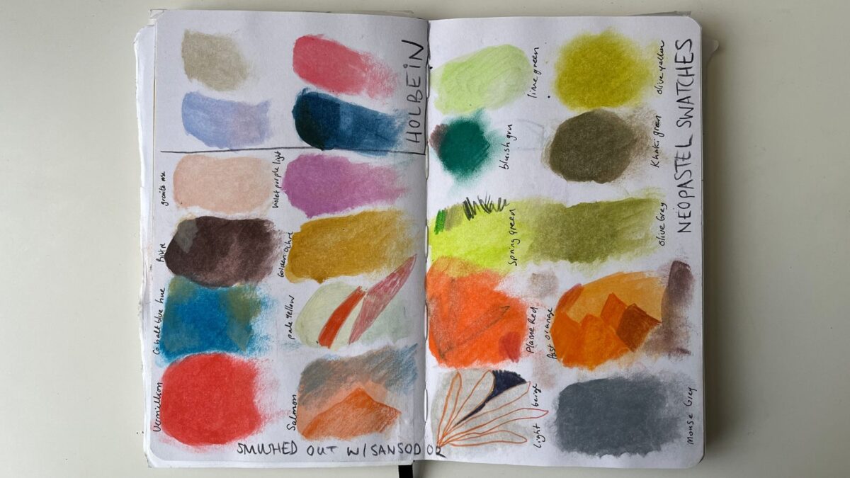 Swatching beautiful Neopastel oil pastels and Holbein oil pastels